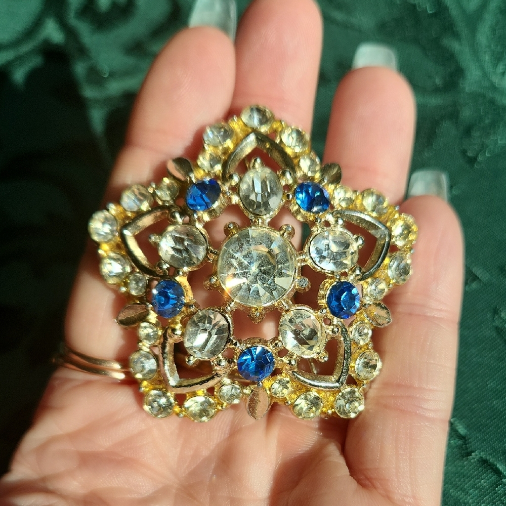 Stand Out Gold and Blue Rhinestone Brooch